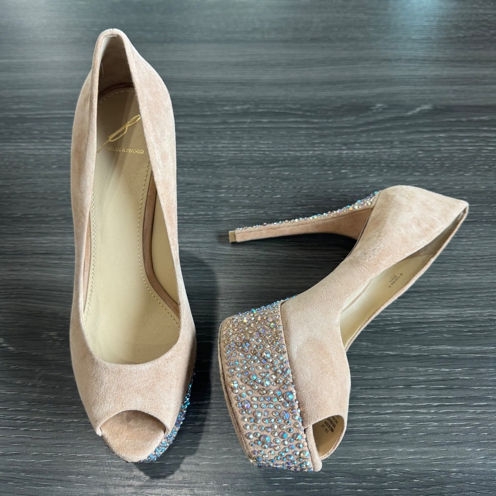 Brian Atwood Women 9.5 EU 40.5 Tan Suede Rhinestone Platform Peep Toe Pump Heel